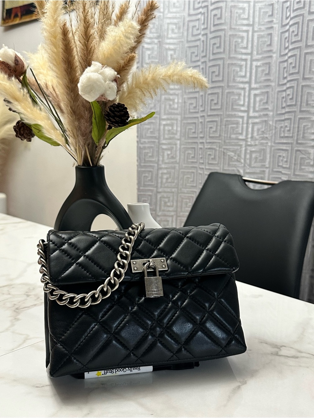 Kurt Geiger London Brixton Quilted Black Lock Leather Bag & Antiqued Chain